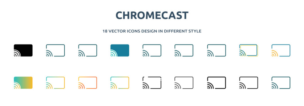 chromecast icon in 18 different styles such as thin line, thick line, two color, glyph, colorful, lineal color, detailed, stroke and gradient. set of chromecast vector for web, mobile, ui