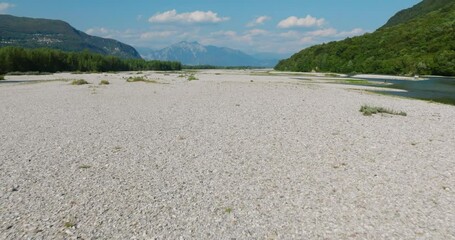 Drought in Europe, dry Riverbeds and low water levels in Rivers. Tagliamento in Italy seen from above