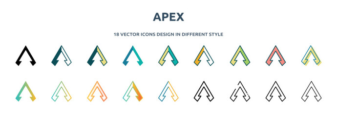 apex icon in 18 different styles such as thin line, thick line, two color, glyph, colorful, lineal color, detailed, stroke and gradient. set of apex vector for web, mobile, ui