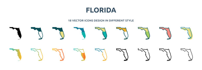 florida icon in 18 different styles such as thin line, thick line, two color, glyph, colorful, lineal color, detailed, stroke and gradient. set of florida vector for web, mobile, ui
