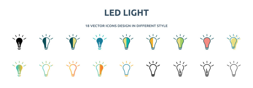 led light icon in 18 different styles such as thin line, thick line, two color, glyph, colorful, lineal color, detailed, stroke and gradient. set of led light vector for web, mobile, ui