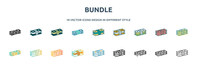 bundle icon in 18 different styles such as thin line, thick line, two color, glyph, colorful, lineal color, detailed, stroke and gradient. set of bundle vector for web, mobile, ui
