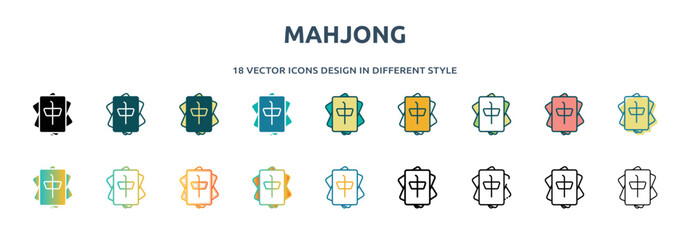 mahjong icon in 18 different styles such as thin line, thick line, two color, glyph, colorful, lineal color, detailed, stroke and gradient. set of mahjong vector for web, mobile, ui - obrazy, fototapety, plakaty