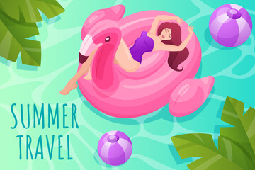 Summer beach party poster. Woman floating on inflatable pink flamingo. Vector illustration