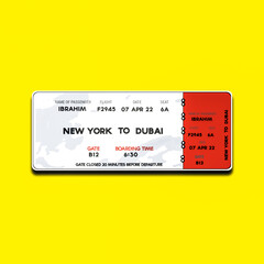 Flight ticket graphic design on isolated yellow background 