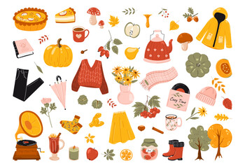 Vector set of autumn elements: pumpkin, falling leaves, cozy food, clothes, mushrooms and more. Scrapbook collection of fall season elements. Bright background for harvest time. Autumn greeting card

