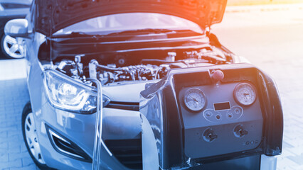 Ac car air repair conditioner service. Check automotive vehicle conditioning system and refill...