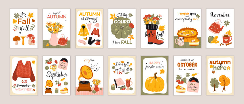 Set of a modern autumn posters. Hand written lettering quote. Trendy calligraphy poster. Cozy phrase for winter or autumn time. Inspirational fall sign.