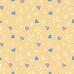 children's seamless pattern with geometric shapes and heart symbol, yellow pink blue
