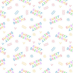 seamless pattern children's star with a rainbow tail, multi-colored inscription text sweet dreams, geometric symbols, white background