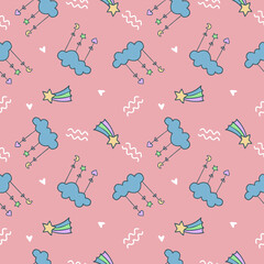 seamless pattern childish star with rainbow tail, cloud with star moon heart hanging on strings, white background