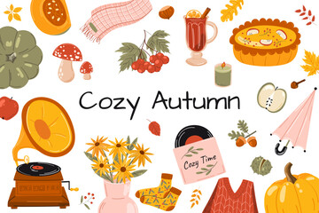 Cozy autumn. Bright background for harvest time. Autumn greeting card
