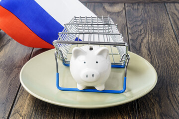 Piggy bank on plate under shop basket and Russian flag. Trade inflation concept