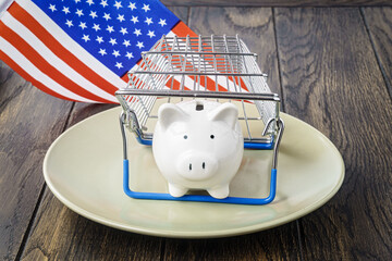 Piggy bank on plate under shop basket and USA flag. Trade inflation concept