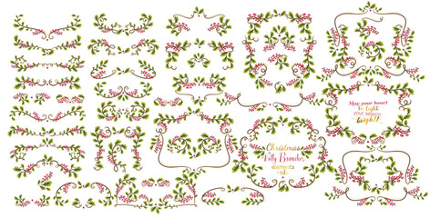 Christmas luxury frames and borders set. Xmas holly branches laurels. Holiday elements