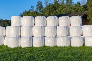 Rolls of hay in white plastic stacked on green grass © Andreas Bergerstedt