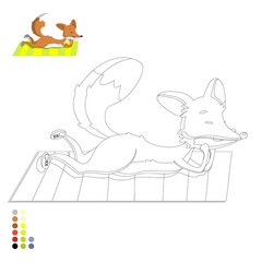 A coloring book for children and adults, a fox lies on a blanket with a color example.