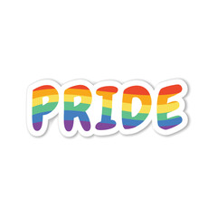 Lgbt pride letters in rainbow flag. Colorful vector lettering sticker.
