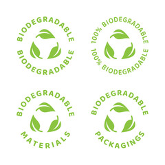 Biodegradable label in green with leaf and circle. Eco packaging recyclable symbol.