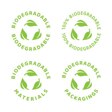 Biodegradable label in green with leaf and circle. Eco packaging recyclable symbol.
