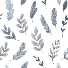 Hand drawn winter seamless pattern - blue fir branches, leaves, frozen foliage, eucalyptus. Christmas floral ornament. Holiday background. Perfect for fabric, textile, wrapping paper