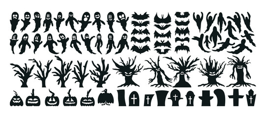 Fototapeta na wymiar Set of Halloween Silhouette Icon and Character. Halloween Vector Illustration Isolated on White Background