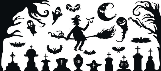 Set of Halloween Silhouette Icon and Character. Halloween Vector Illustration Isolated on White Background