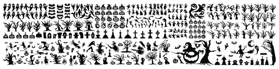 Big Set of Halloween Silhouette Icon and Character. Halloween Vector Illustration Isolated on White Background. Hand Drawn Horror Element