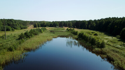 Fototapeta na wymiar Rural landscape. Green forests and natural reservoir. Aerial photography.