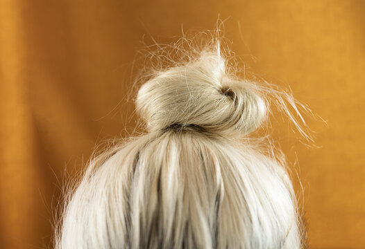 Close Up Of Blonde Hair That Is Put Up In A Casual Messy Hair Bun And Hairstyle.