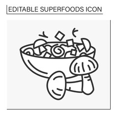  Balanced nutrition line icon. Prepared delicious mushrooms. Organic vegetarian food. Superfood concept. Isolated vector illustration. Editable stroke