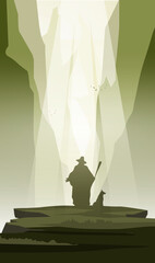 silhouette of a Wizard person with a sword and Dog