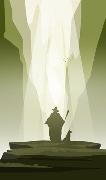 silhouette of a Wizard person with a sword and Dog
