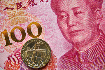 banknot chiński, 100 juanów, moneta angielska, Chinese banknote, 100 yuan, English coin