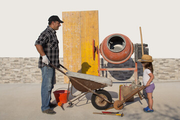 Image of a construction worker with a little girl carrying material with a wheelbarrow. Masonry and...