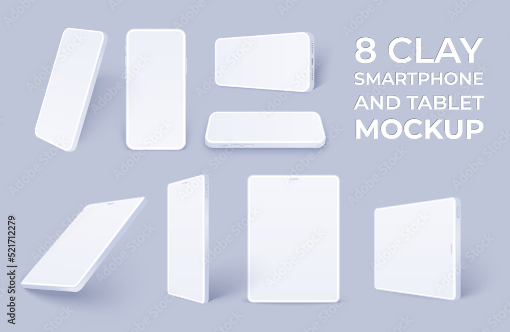 Aufkleber white smartphone mockup and tablet pack, clay realistic mobile phone and pad template in different a
