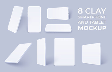 White smartphone mockup and tablet pack, Clay realistic mobile phone and pad template in different angles isolated. 3d vector quality illustration mock up for presentation ui design or application.