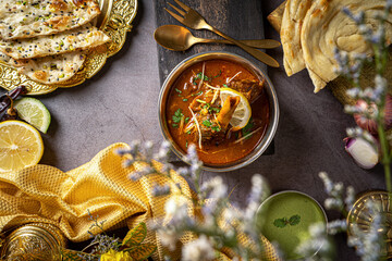 Nihari Gosht with paratha, chutney, raita, and roti served in a dish isolated on dark background top view food