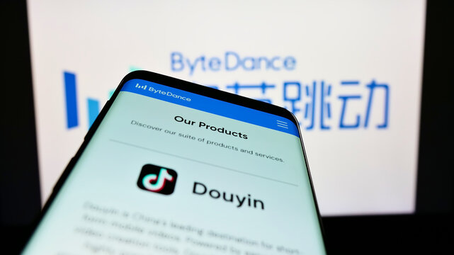 Stuttgart, Germany - 07-30-2022: Mobile phone with webpage of Chinese technology company ByteDance Ltd. on screen in front of business logo. Focus on top-left of phone display.