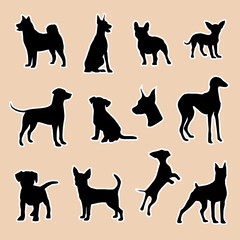 Different breeds of dogs as sticker pack for design websites, applications, logo, sign, clothes, accessories or social network communication. Silhouettes of puppies as stickers, print or pattern.