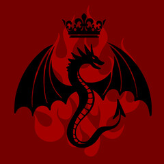 Black dragon with crown over his head as symbol of the house Targaryen. Poster of the black dragon on the backdrop of red fire for the series House of the Dragon - prequel Game of Thrones. 