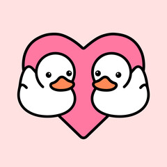 Couple of two little pretty ducks on the backdrop of heart as sticker, print or pattern. Two loving small geese as poster, wallpaper or background. Vector romantic picture of a cute ducks.