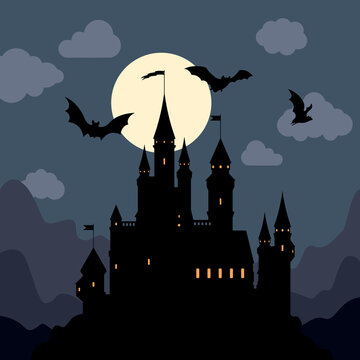 Halloween vector illustration of a amazing view of a castle and bats in the sky in the night. Dark gothic picture made up of medieval castle under the cloudy night sky and bats on the backdrop of moon