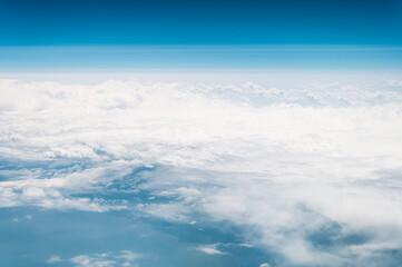 beautiful blue sky with white clouds heaven horizon over the planet earth world, view from the...