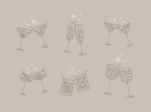 Cocktail glasses cheers for prosecco, wine, whiskey, vermouth, gin, martini, aperol, margarita in modern flat line style drawing on gray background