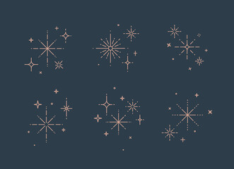 Clink splashes, stars, glowing in flat line art deco style drawing on blue background - obrazy, fototapety, plakaty
