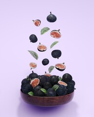 Fresh figs fruits and slices of figs falling and levitating, purple background , 3d rendering