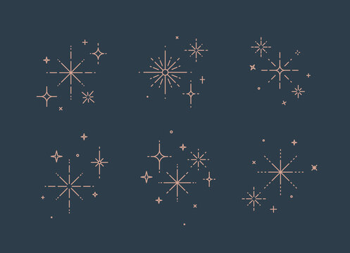 Clink splashes, stars, glowing in flat line art deco style drawing on blue background