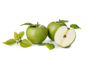 Group of ripe green apple fruits with half and green leaves isolated on white background. Symbol of...