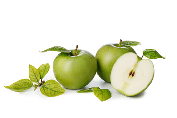 Group of ripe green apple fruits with half and green leaves isolated on white background. Symbol of the Israeli holiday Rosh Hashanah